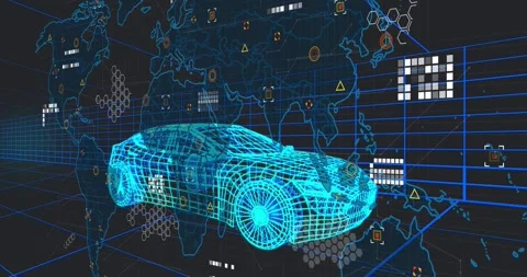 Wireframe car hologram rotating on data update, HUD and map shifting in parallax Stock Footage 330194558