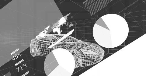 Wireframe car model floating in digital workspace, with pie charts, map Ilustração Stock
