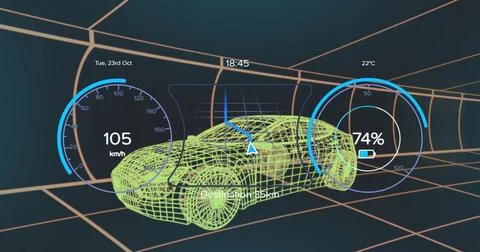 Wireframe car model floating in virtual grid tunnel, with speedometer, battery, Stock Illustration
