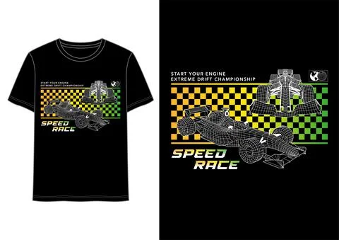 Wireframe car racing vector print, checkered background speed race tee print Stock Illustration