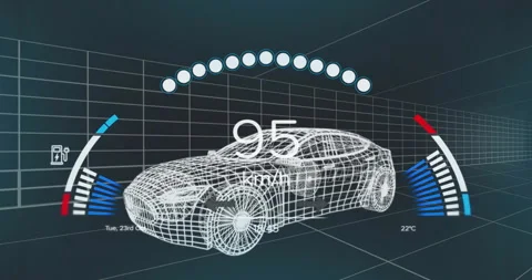 Wireframe car speed reading rising triggers gauges and rings showing speeding up Stock Footage 314790796