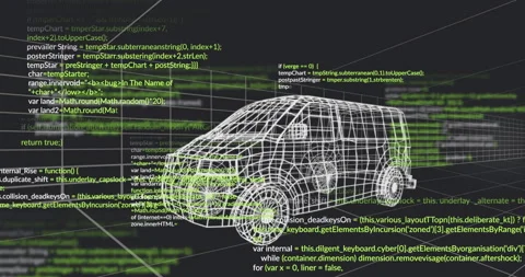 Wireframe cargo van rotating in grid workspace, overlaying neon code lines Stock Footage 307452999
