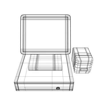 Wireframe of cash register with bar code reader, credit card reader and receipts Stock Illustration