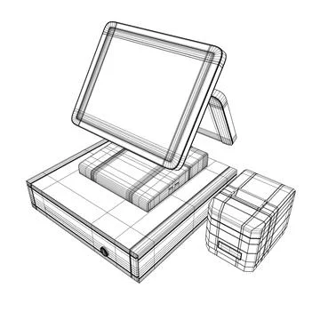 Wireframe of cash register with bar code reader, credit card reader and receipts Stock Illustration