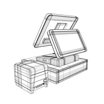 Wireframe of cash register with bar code reader, credit card reader and receipts Stock Illustration