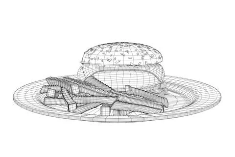 Wireframe cheeseburger on plate. Wireframe Big humburger with cutlets, cheese, Stock Illustration