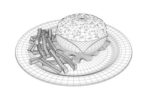 Wireframe cheeseburger on plate. Wireframe Big humburger with cutlets, cheese, Stock Illustration