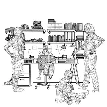 Wireframe of children room with table and many interior objects. Father and Stock Illustration