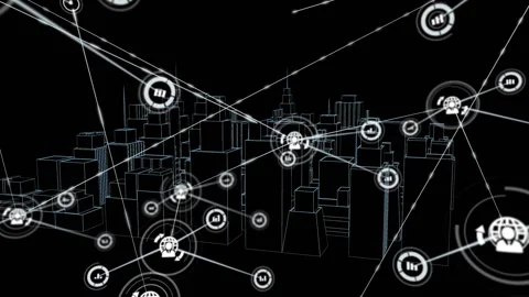 Wireframe city anchoring node emitting lines and forming growing tech network Video stock 330540330