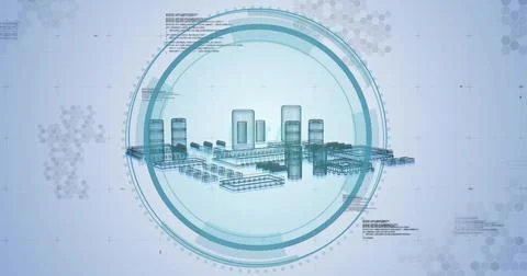 Wireframe city model floating within virtual UI, with HUD overlay, hex pattern Stock Photos