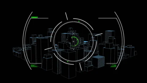 Wireframe city model rotating under circular HUD overlay, showing green pointers Video stock 308206886