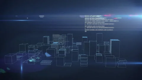 Wireframe city model spinning over grid floor, with floating code snippets and Vídeos de archivo 308206890