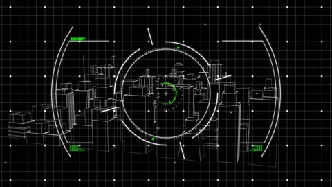 Wireframe city model spinning in virtual 3D grid scene, displaying HUD reticle Vídeos de archivo 308206887