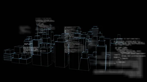 Wireframe city skyline model rotating in virtual space, overlaying multiple code Vídeos de archivo 308206897