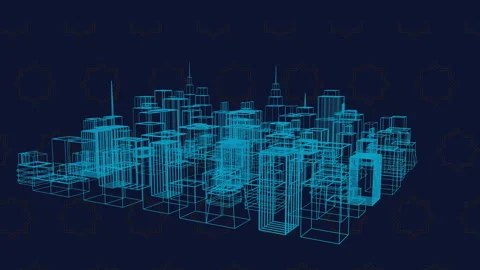 Wireframe cityscape animation over dark background with geometric patterns Stock Footage 308901342