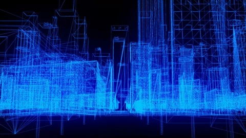 Wireframe Cityscape architecture connected digital buildings network technology Stock Footage 107575272