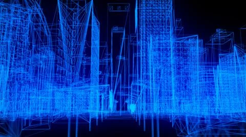 Wireframe Cityscape architecture connected digital buildings network tech Illustrazione stock
