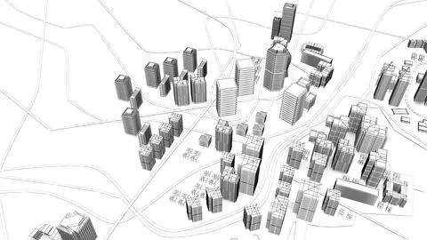 Wireframe Cityscape,Low-polygon cities and buildings,In the city's business.. Ilustração Stock