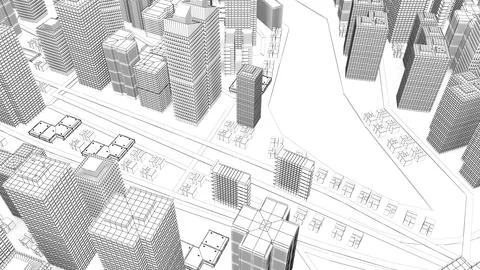 Wireframe Cityscape,Low-polygon cities and buildings,In the city's business.. Ilustração Stock