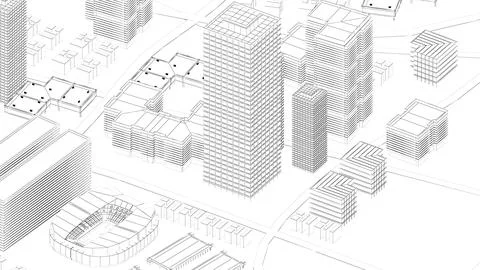 Wireframe Cityscape,Low-polygon cities and buildings,In the city's business.. Ilustração Stock