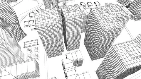 Wireframe Cityscape,Low-polygon cities and buildings,In the city's business.. Ilustração Stock
