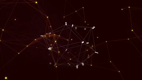 Wireframe cluster appearing left converging rotating pulsing yellow nodes orb Stock Footage 335211554