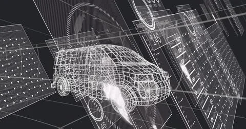 Wireframe compact SUV model running diagnostic scan, HUD panels highlighting Stockillustratie