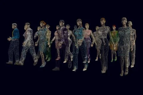 Wireframe of a crowd of walking people from multicolored lines isolated on a Stock Illustration
