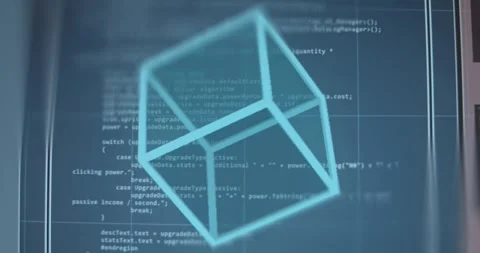 Wireframe cube floating over a screen displaying lines of code Stock Footage 321765564