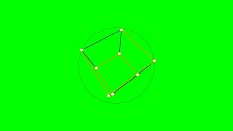 A wireframe cube inscribed within a thin circle on a vibrant green background Stock Footage 340267028
