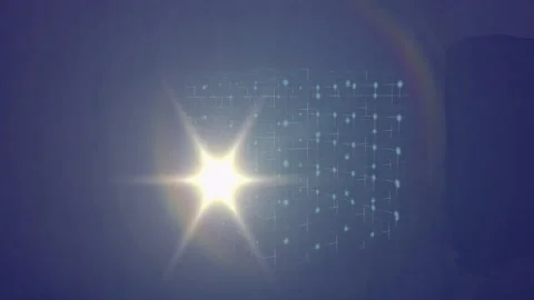 Wireframe cube shifting and dimming as star flare entering lower-left crossing Stock Footage 329551447