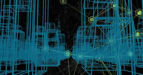 Wireframe cuboids connecting into digital void with yellow-green lines linking Stock Photos