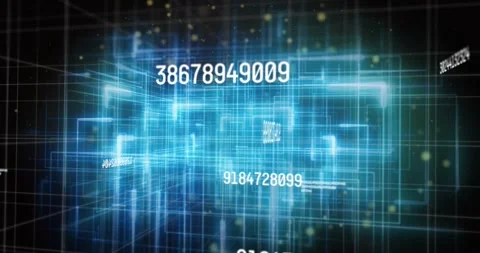 Wireframe data cube materializing in void, numbers pulsing as camera orbiting Stock Footage 317228771