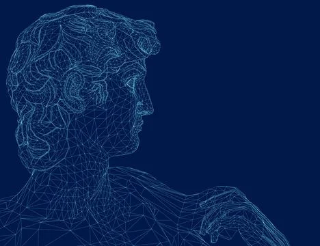Wireframe david statue of Michelangelo on blue background. 3D. Vector Stock Illustration