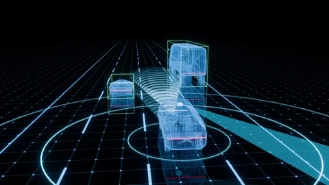 Wireframe Delivery Van with AI Sensor Detection on Smart Road Stock Footage 347722444