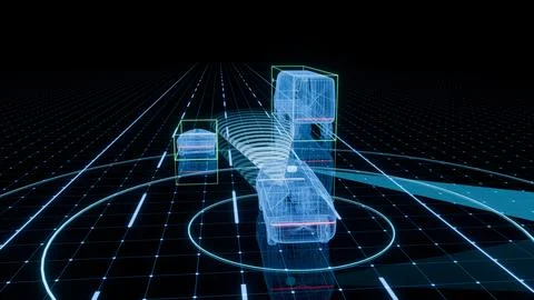 Wireframe Delivery Van with AI Sensor Detection on Smart Road Stock Illustration