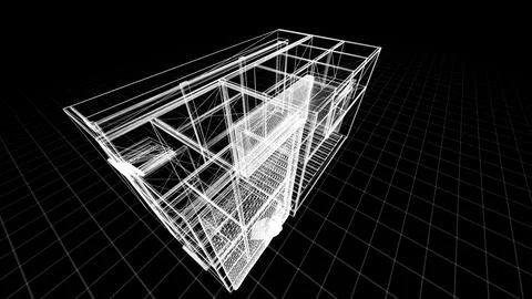 A wireframe design of an industrial building structure on a grid background Stock Illustration