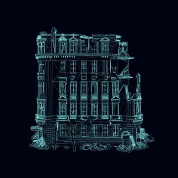 Wireframe of a destroyed building from blue lines isolated on a dark backgr.. Ilustración de archivo
