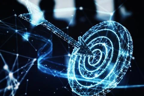 Wireframe digital arrow hit in the center a bullseye on dark blue background. 3D 스톡 일러스트