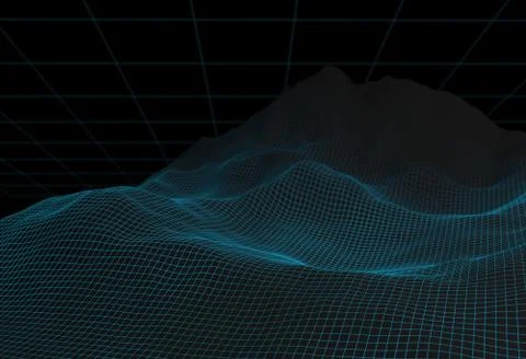 Wireframe digital blue landscape on black. 3d illustration Stock Illustration