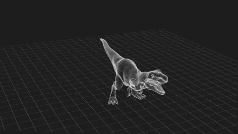 Wireframe Digital Dinosaur Model on Black Background in 3D Grid Projection 库存影片 342606190