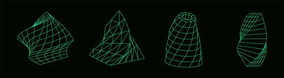 Wireframe digital geometric shapes set. A collection of miscellaneous objec.. Illustrazione stock