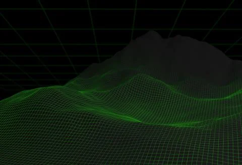 Wireframe digital green landscape on black. 3d illustration Stock Illustration