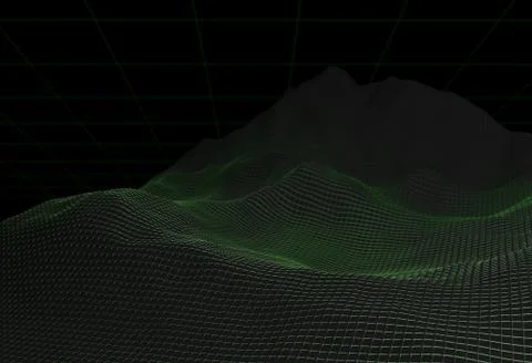 Wireframe digital green landscape on black. 3d illustration Stock Illustration