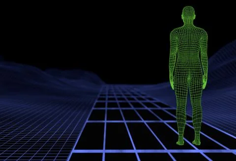 Wireframe digital green man on road with virtual blue landscape. 3d illustration Stock Illustration