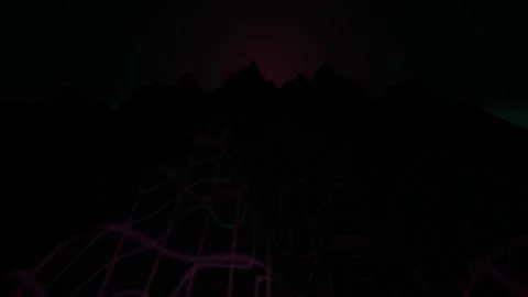 Wireframe Digital Landscape with Neon Grid Lines Moving over Dark Mountains Stock Footage 343773443