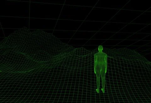 Wireframe digital man on green landscape. 3d illustration Stock Illustration