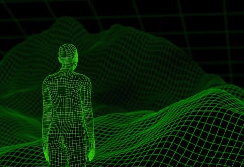 Wireframe digital man on green landscape. 3d illustration Stock Illustration