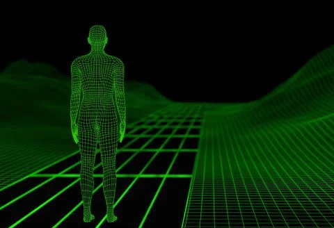 Wireframe digital man on road with landscape. 3d illustration Stock Illustration