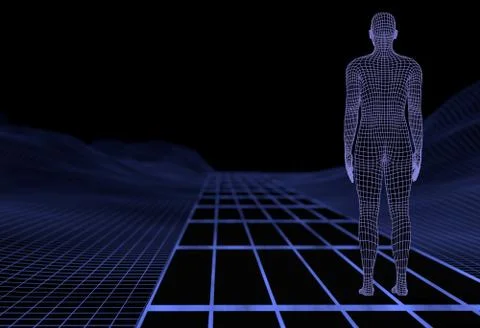 Wireframe digital man on road with virtual landscape. 3d illustration Stock Illustration
